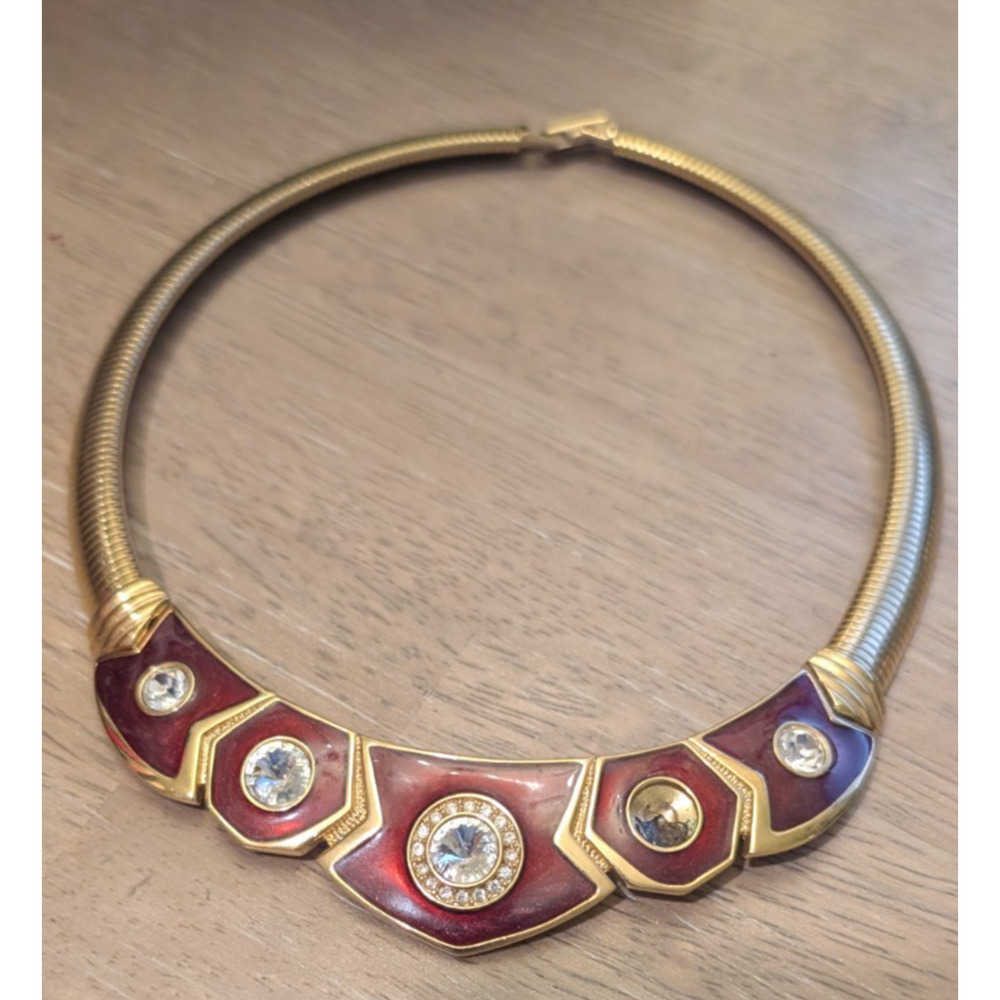 Vintage Bergdorf Goodman Red‎ Enamel 80's Choker Rhinestone Crystal Necklace